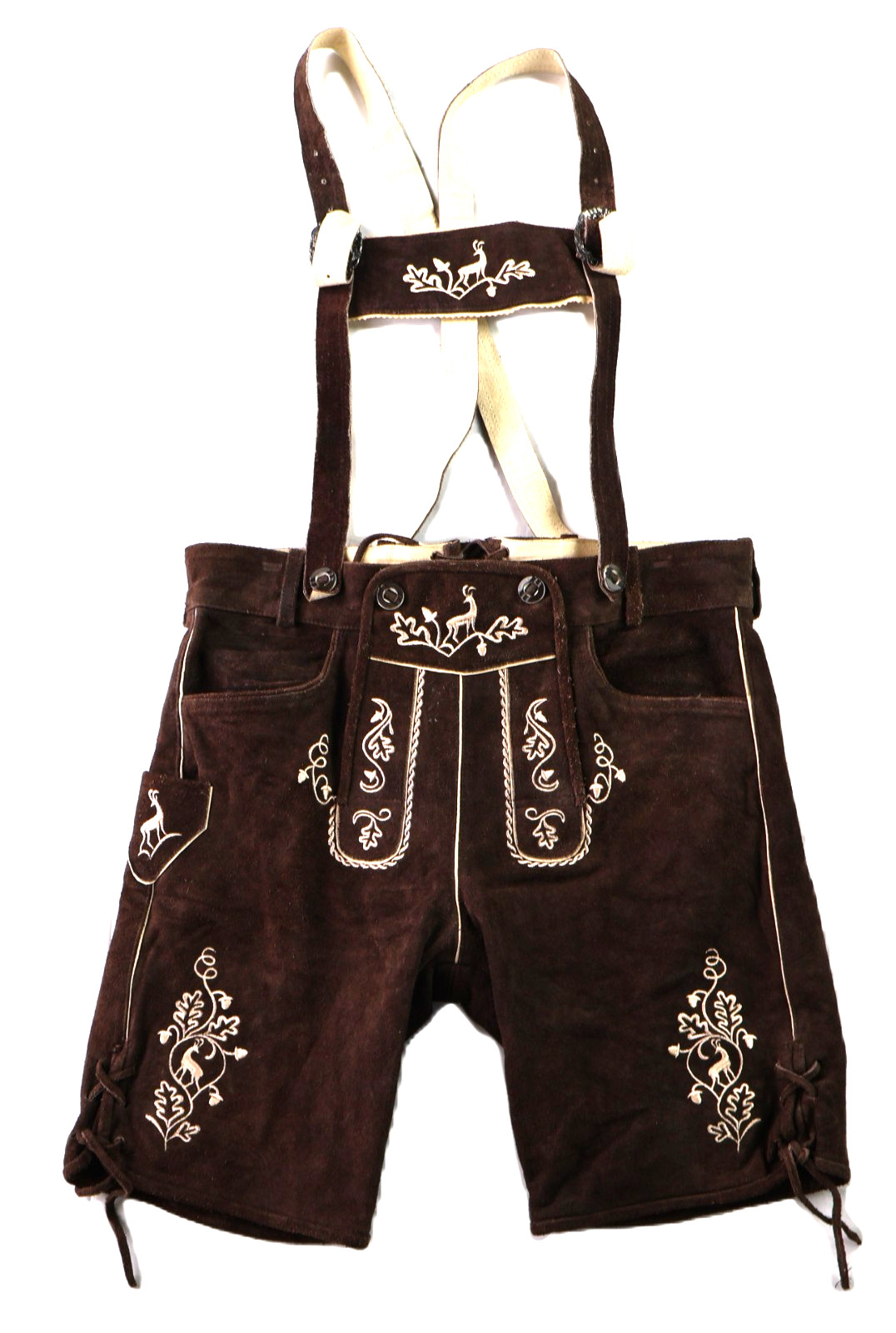 Men’s 50 US 38 Brown Suede Leather Lederhosen Bavarian Embroidered Shorts Pants