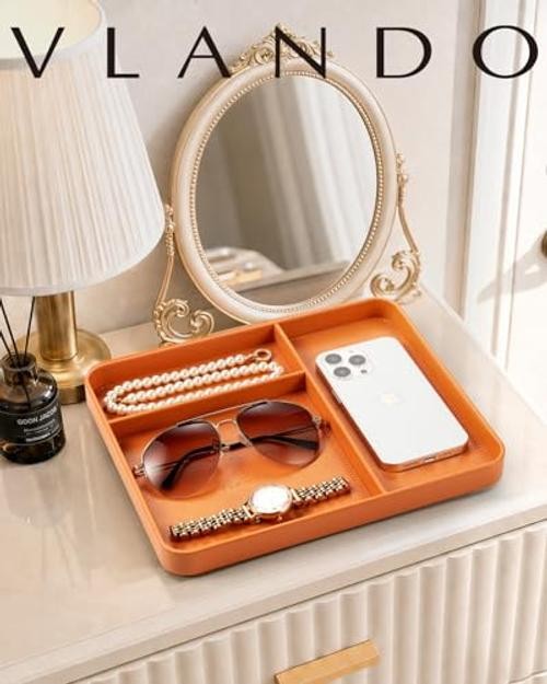 Valet Tray for Men, PU Leather Catchall Tray with Dividers | Nightstand Orange