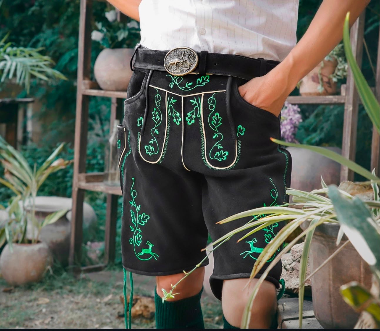 Mens Oktoberfest Lederhosen Black Genuine Suede Shorts Bavarian Folk Short New