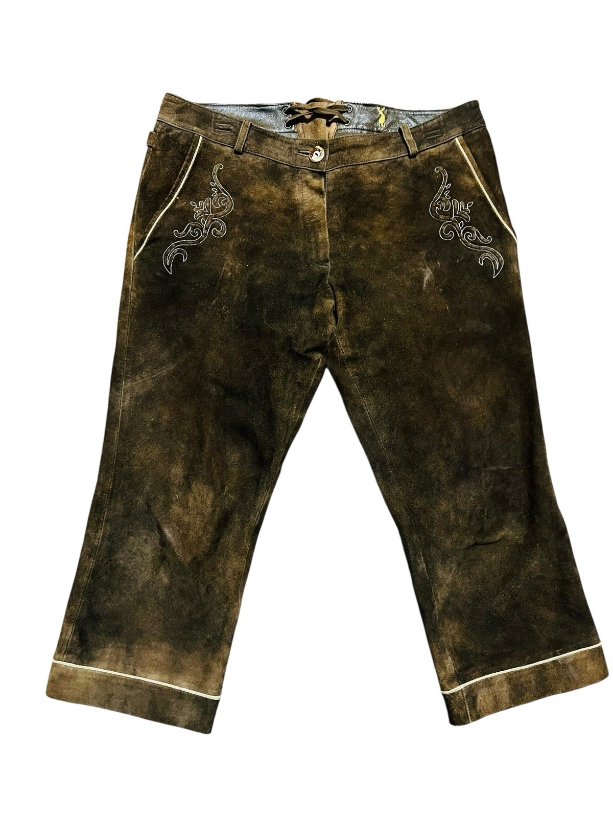 Almsach Mens Lederhosen Pants Brown Leather Oktoberfest Antler Buttons Medium 31