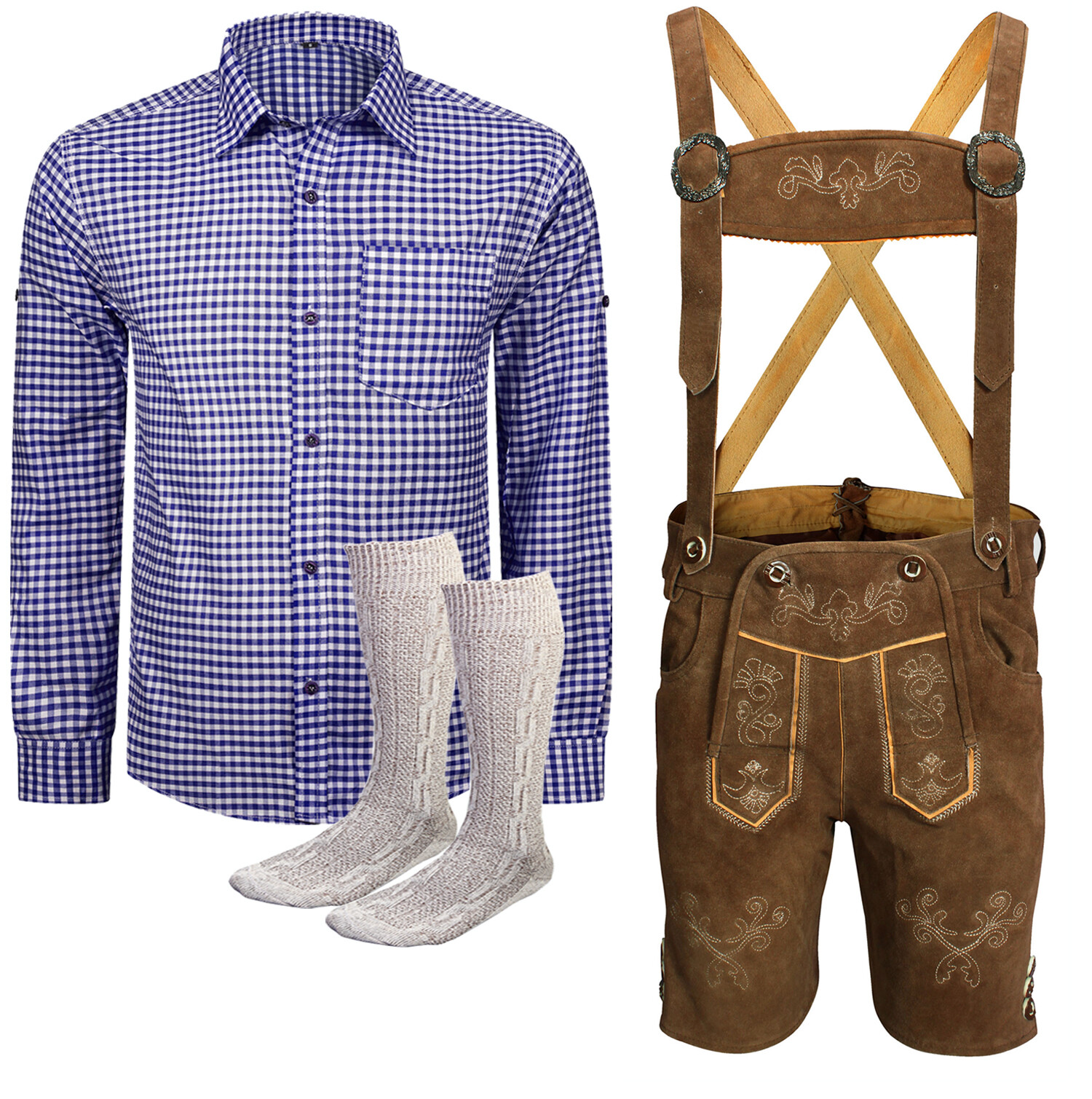 Costume set men’s short traditional leather pants size 46 to 60 blue shirt socks KBBH02