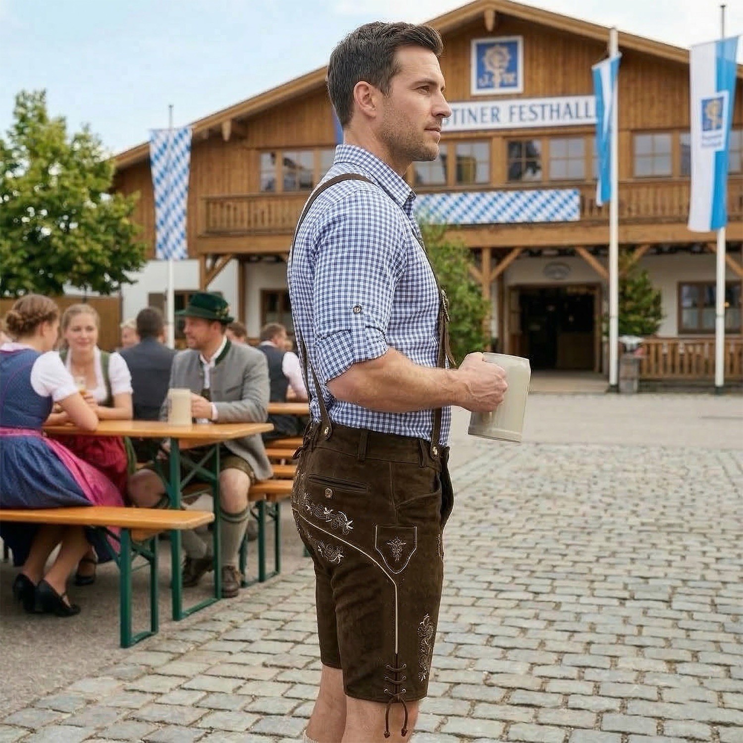 Men Traditional Leather Oktoberfest Lederhosen (Brown, Black, Gold, Med Brown)