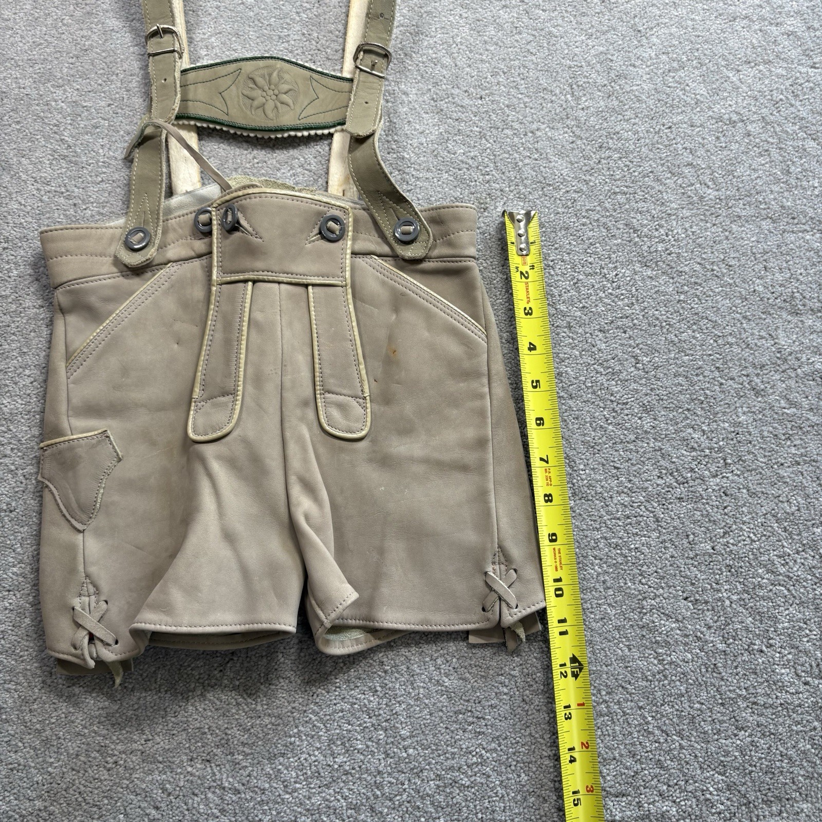 1960s German Lederhosen Leather Suede Overalls KIDS Size 6 Green Gray Embroidery