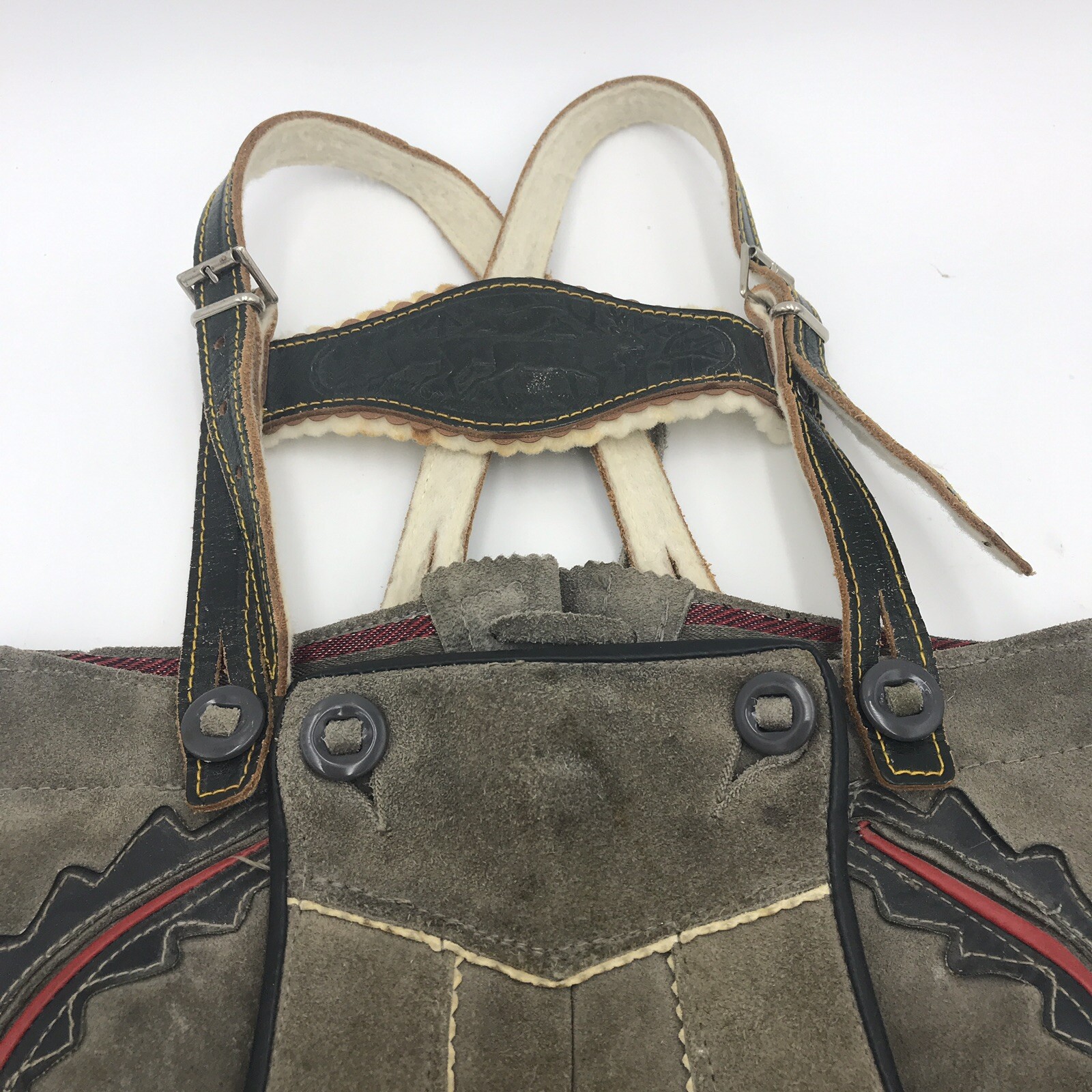 Vtg Lederhosen Grey Suede Leather 21″ Sm Waist Decor