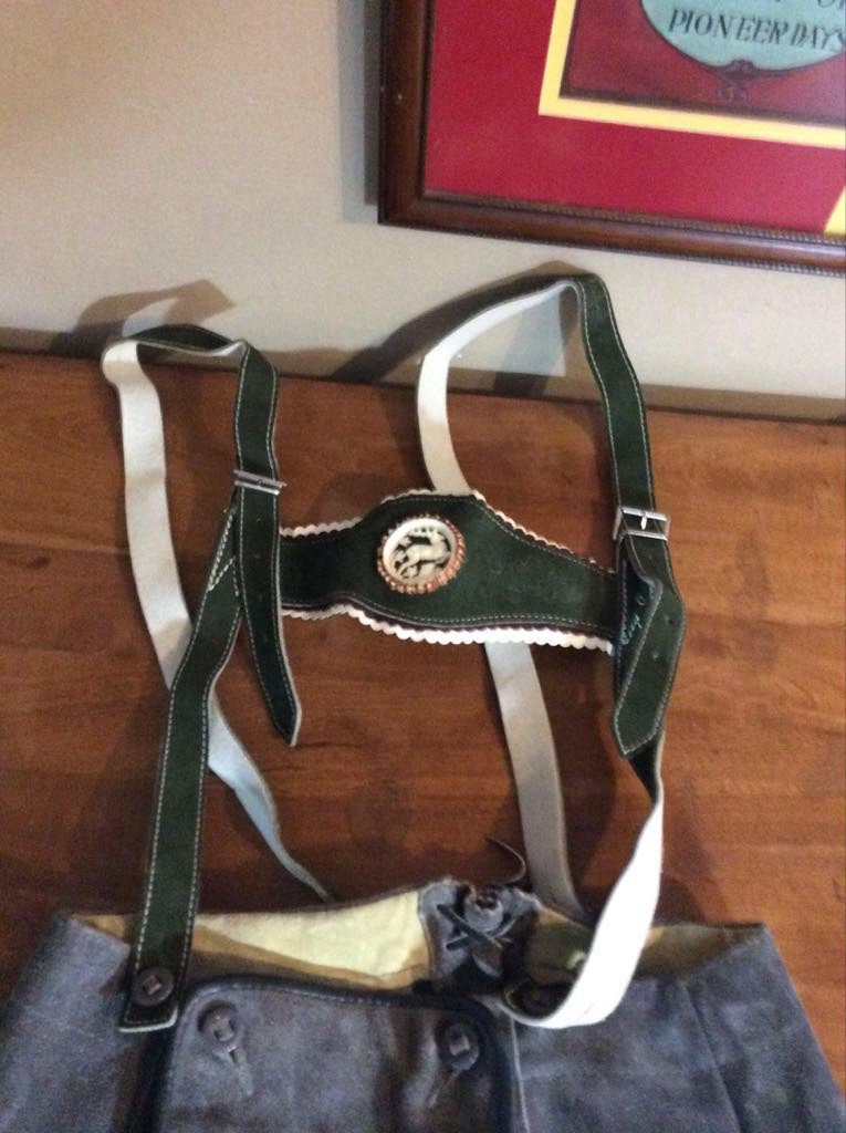 Vintage Leather Lederhosen with Suspenders. Octoberfest Deer Emblem