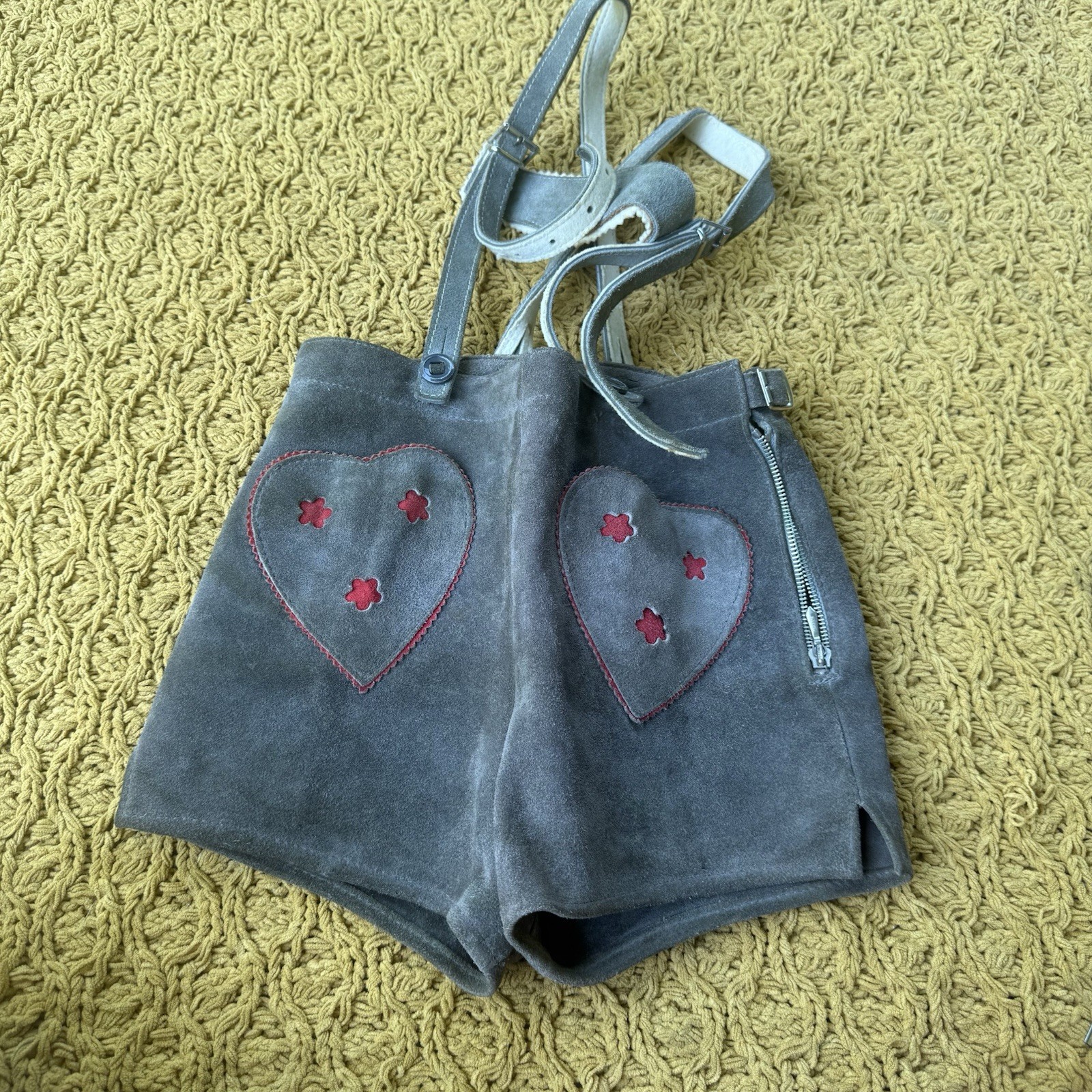 Vintage Suede Shorts Bavarian German Lederhosen Kids Heart Pockets Hot Buns