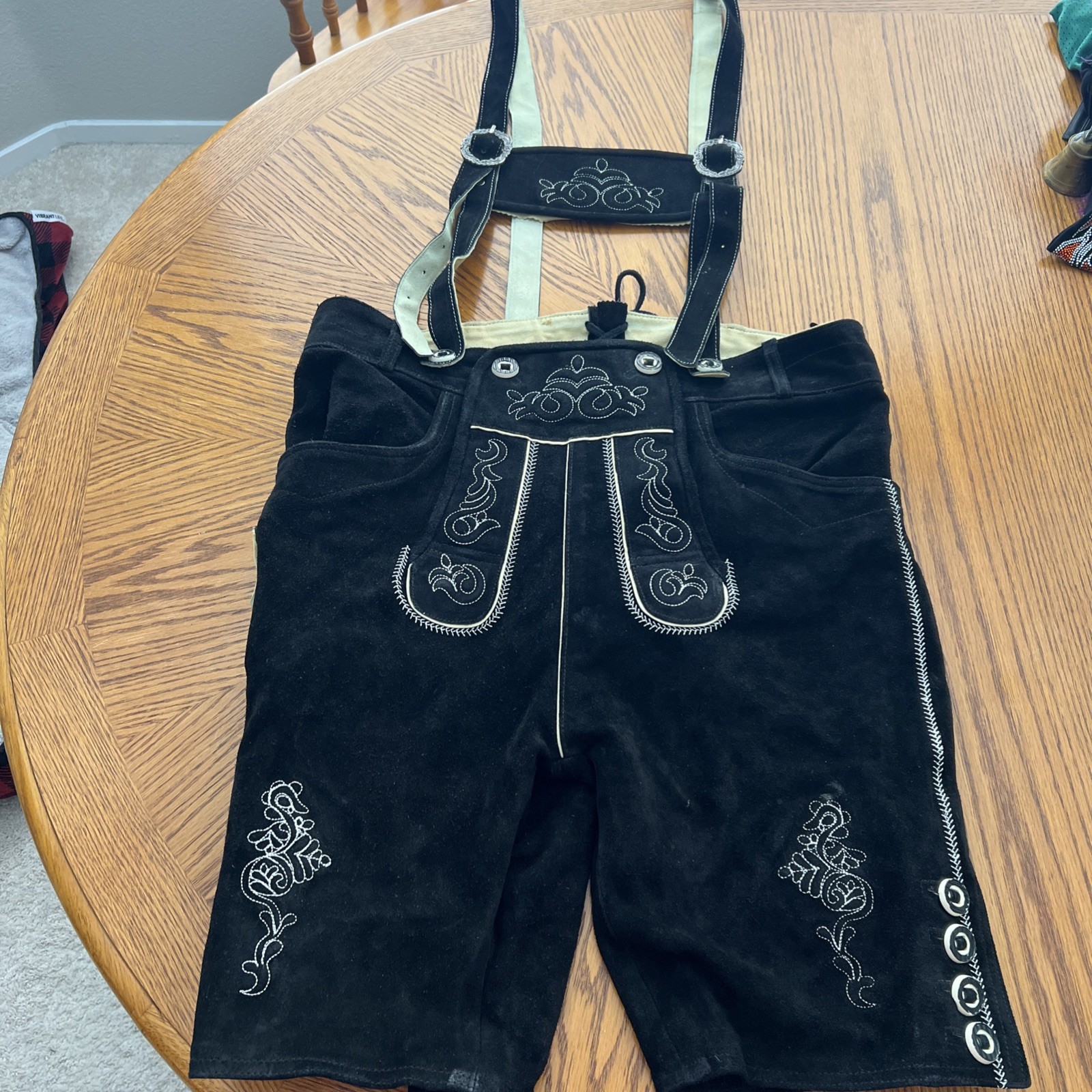Men’s Genuine Leather Lederhosen Size 54 Black Bavarian Shorts And Suspenders