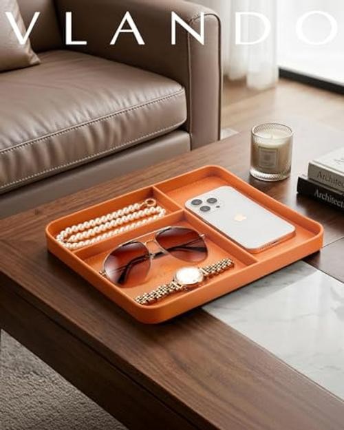 Valet Tray for Men, PU Leather Catchall Tray with Dividers | Nightstand Orange