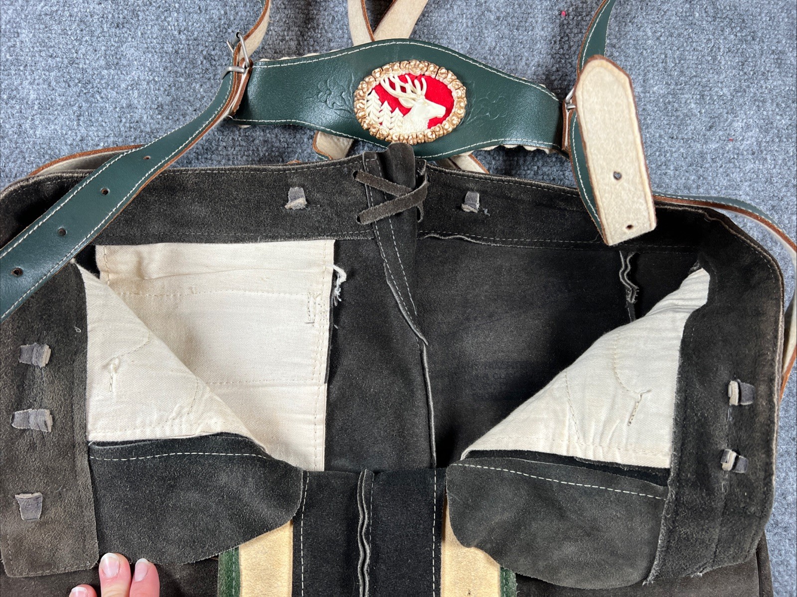 Vintage German Lederhosen Suede Leather Bavarian Shorts Bibs Oktoberfest Sz 30”