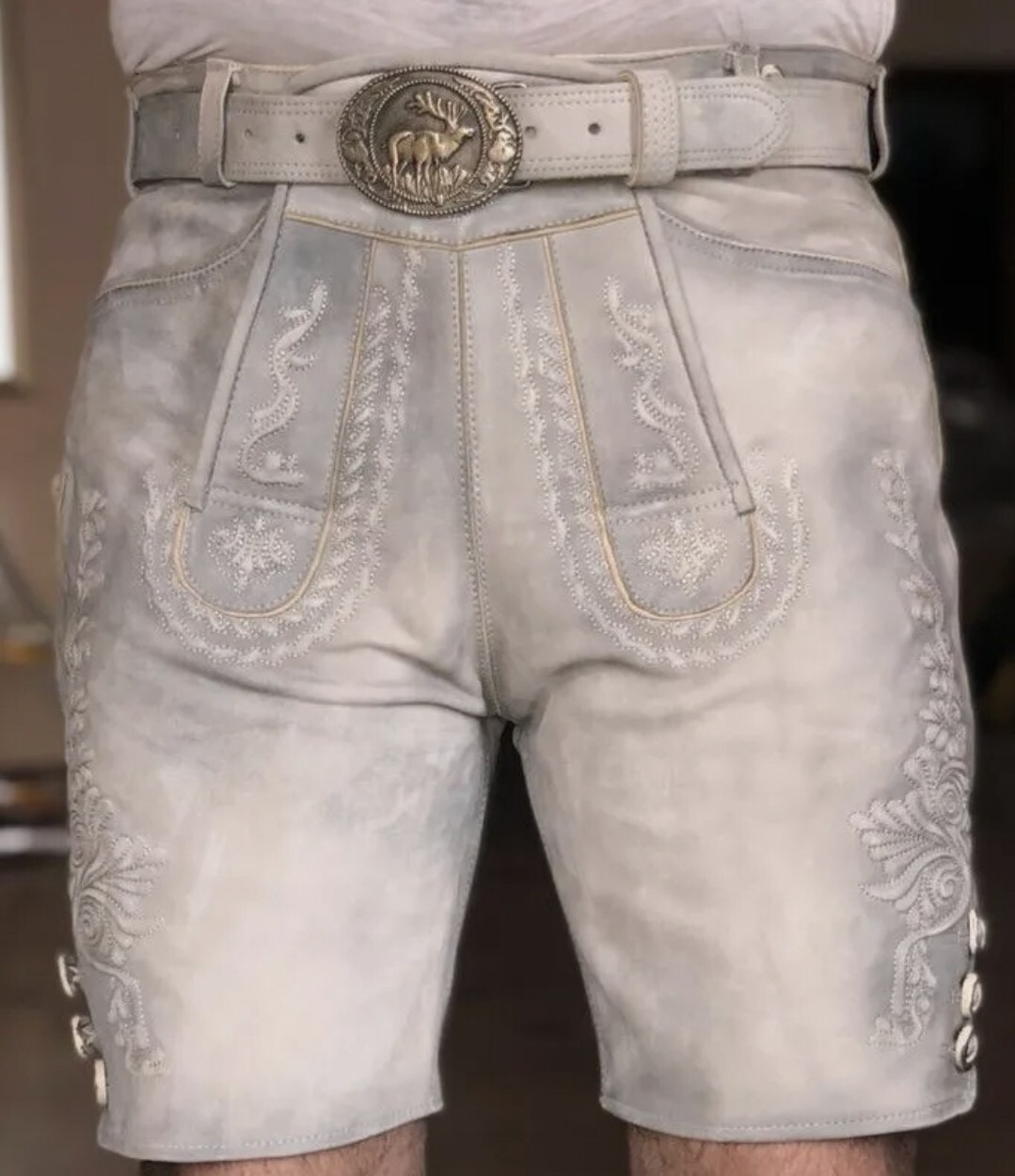 Bavarian traditional short goatskin leather pants with belt size, 48.62