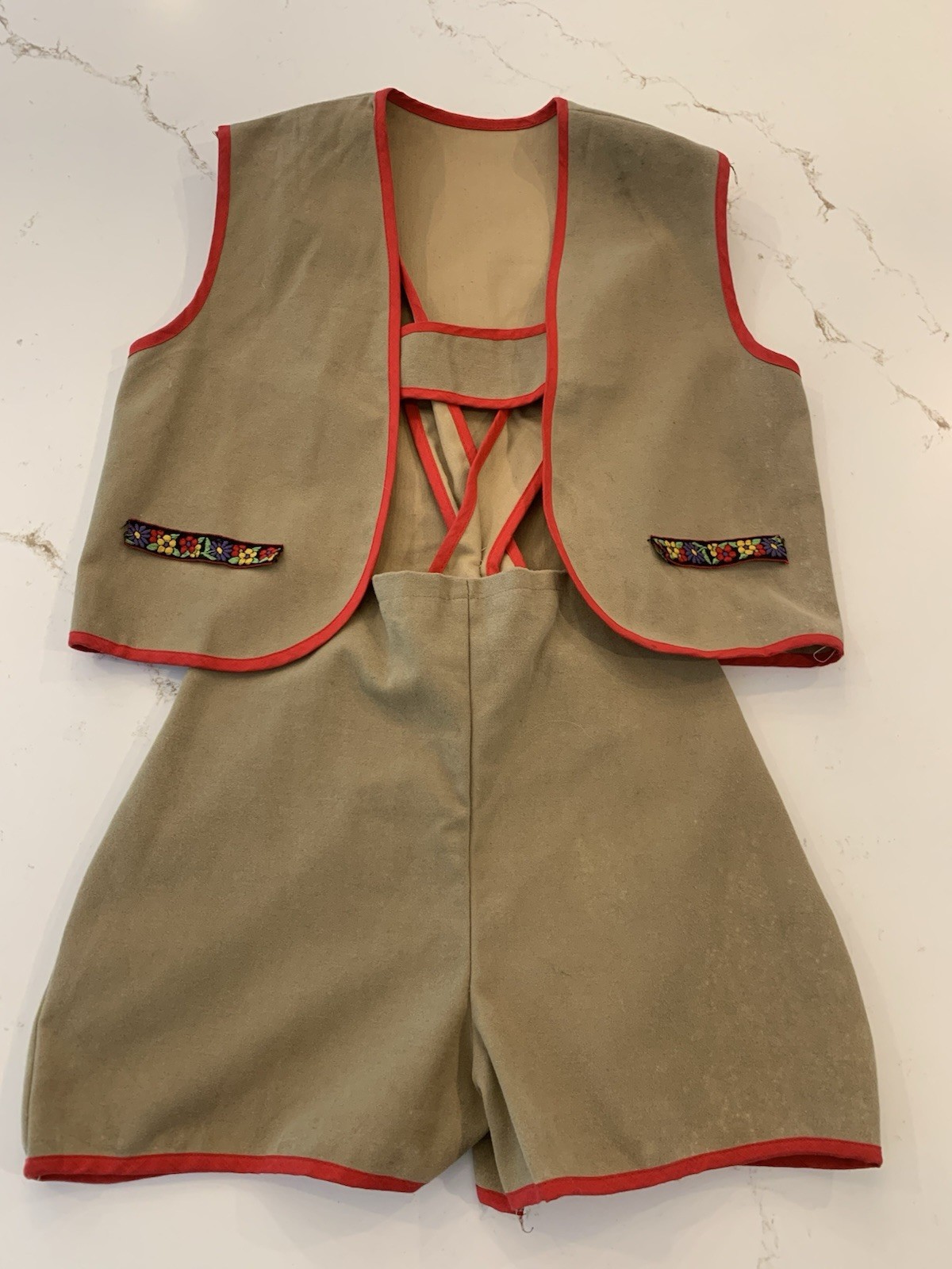 Vintage Folk Outfit Bavarian Style Vest and Suspenders Set Kids Medium