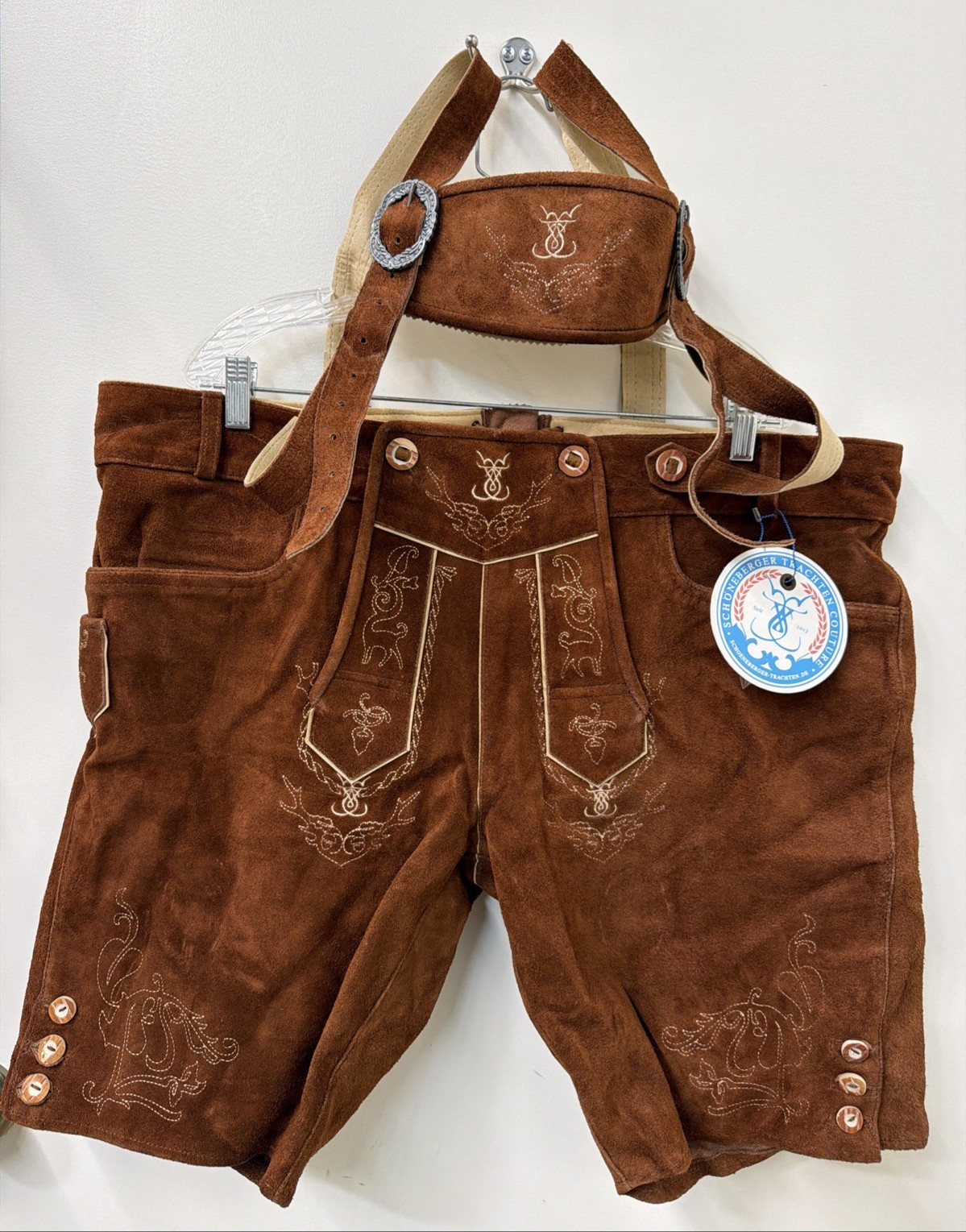 NEW Schonberger Trachten Mens Sz 44” Lederhosen Brown Suede Lamb Leather German