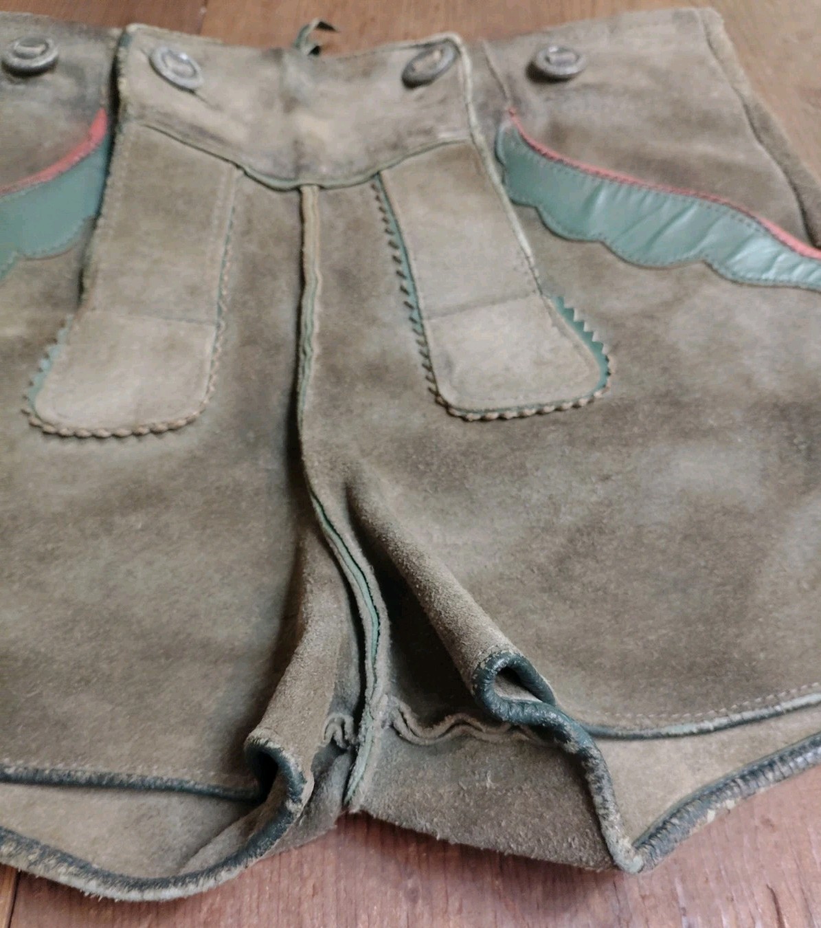 Vintage Germany Boy Child Suede Leather Lederhosen Gray Green 22 In Waist