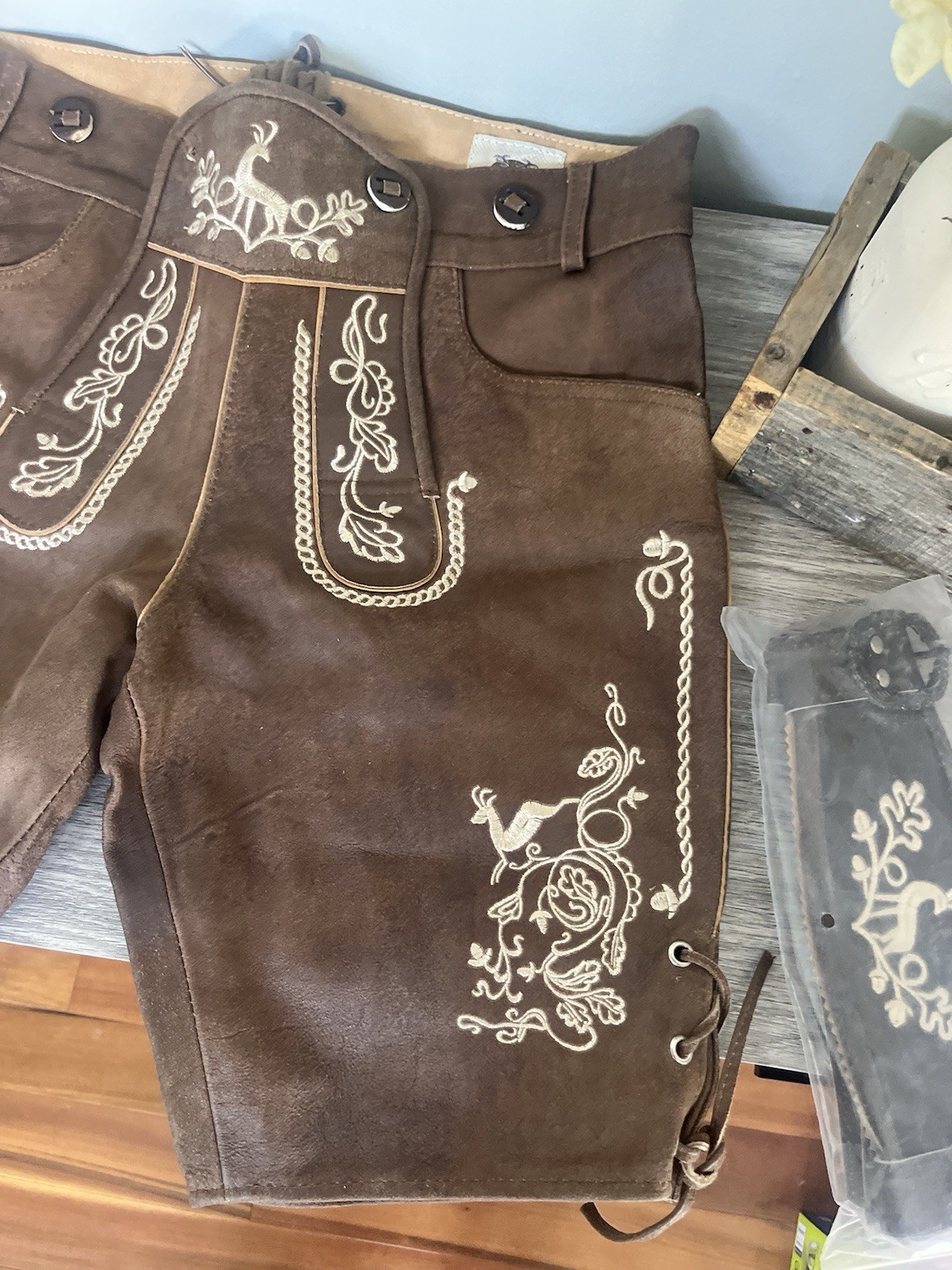 lederhosen men leather shorts With Belt Size 48 100% Genuine Leather