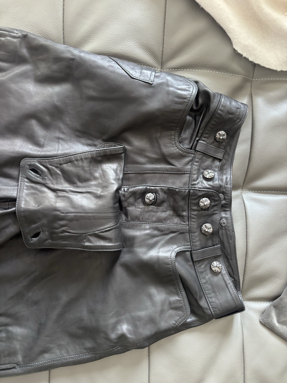 Chrome Hearts Black Leather Shorts Button Front Flap Size S