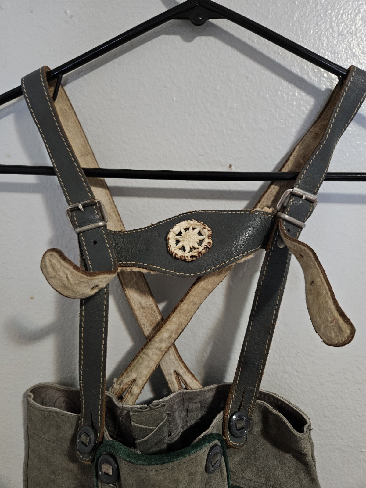 Vintage Kids Size 2 German Lederhosen Leather Suede Green Gray