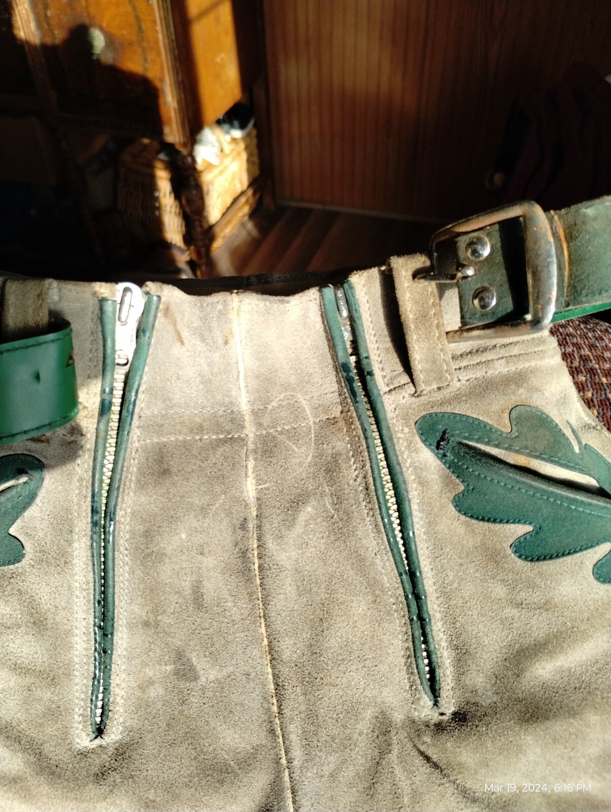 Vintage Child’s Lederhosen Shorts Gray Green Suede Waist 13″ Length 15″
