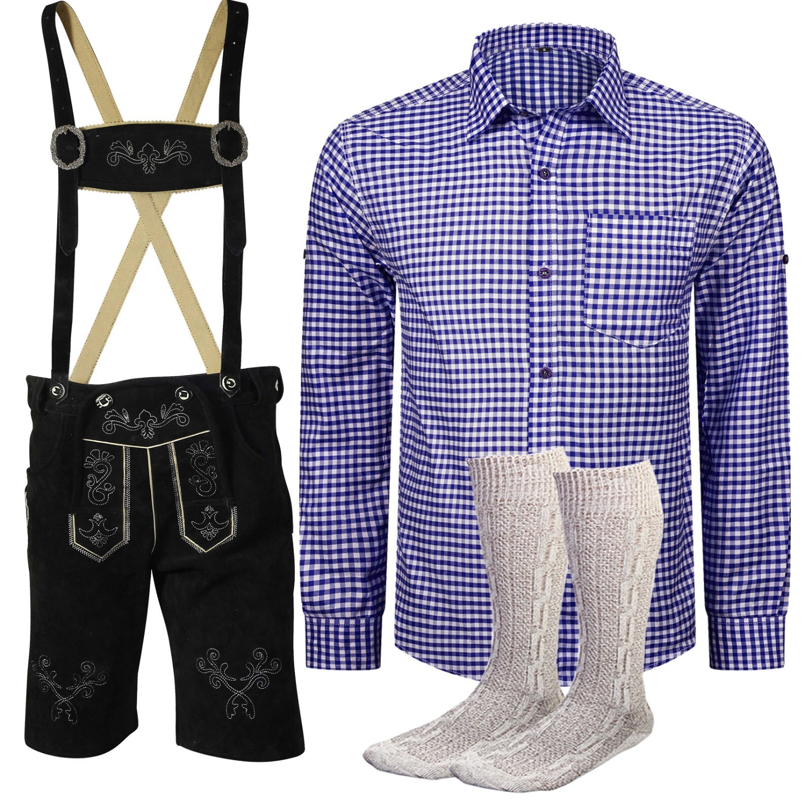 Men’s costume set short costume leather pants sizes 46 to 62 blue shirt with socks