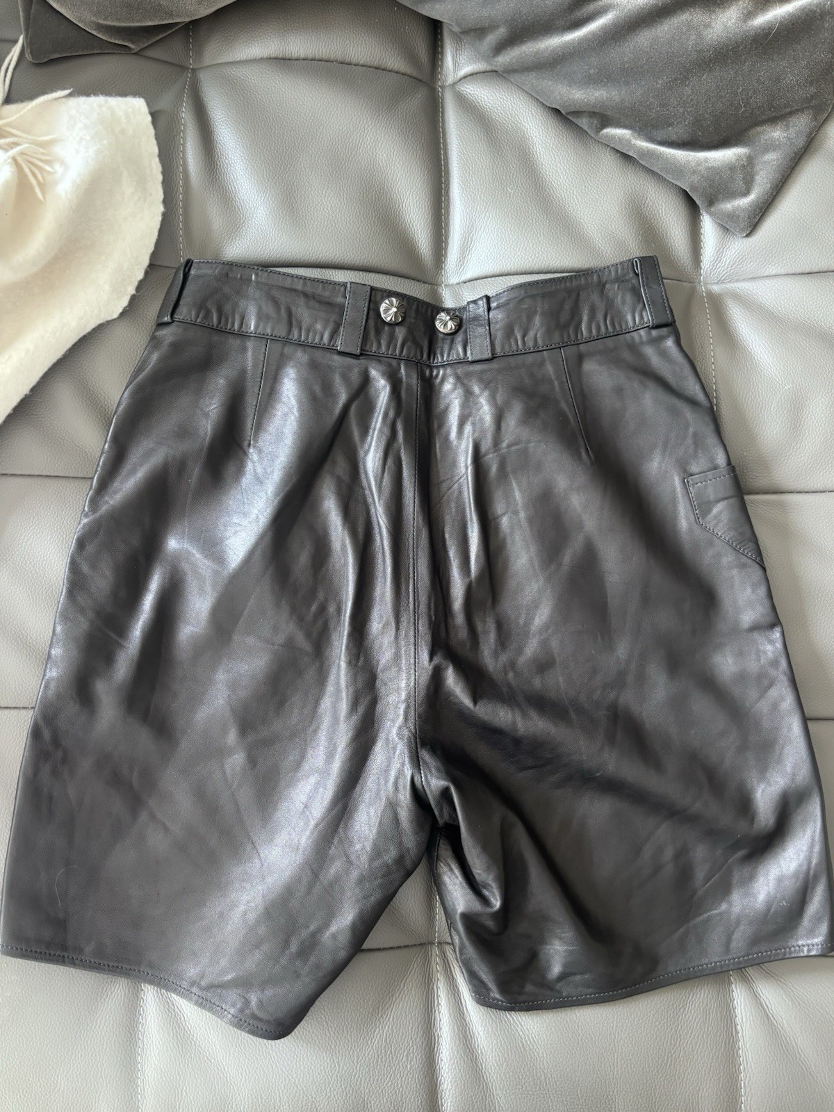 Chrome Hearts Black Leather Shorts Button Front Flap Size S