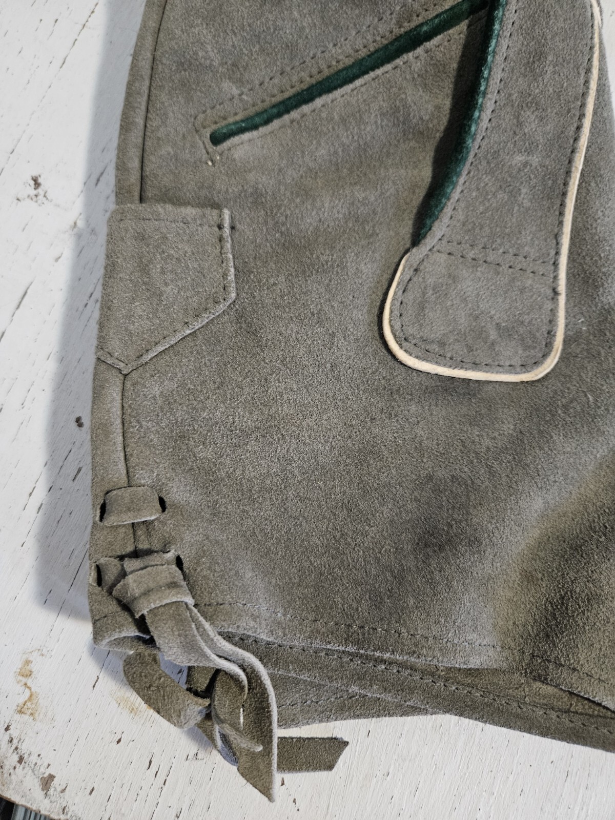 Vintage Kids Size 2 German Lederhosen Leather Suede Green Gray