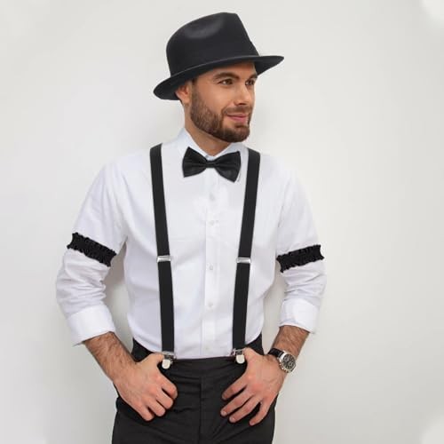 1920s Mens Costume Retro Gatsby Gangster Accessories Set Fedora Hat Black