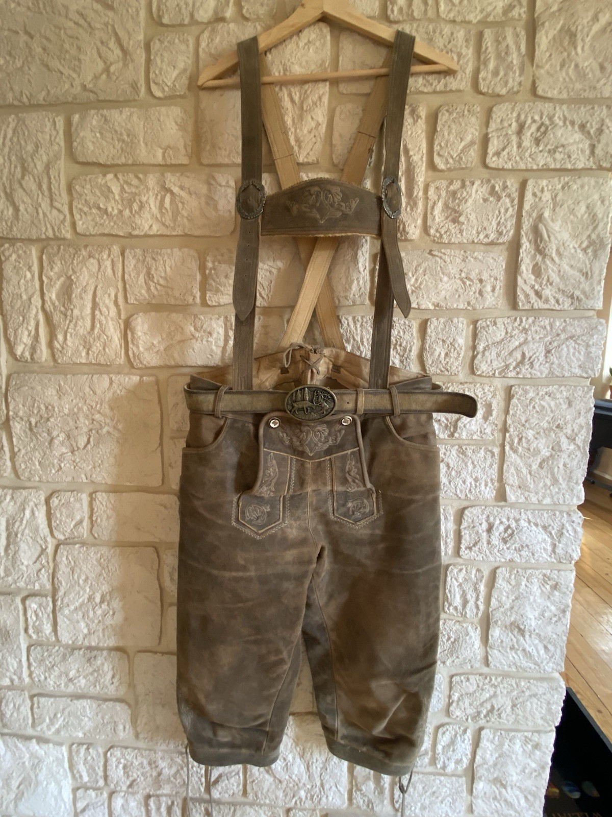 Traditional Lederhosen Short Men’s Size 52 Brown Genuine Leather Set + Belt Suspenders