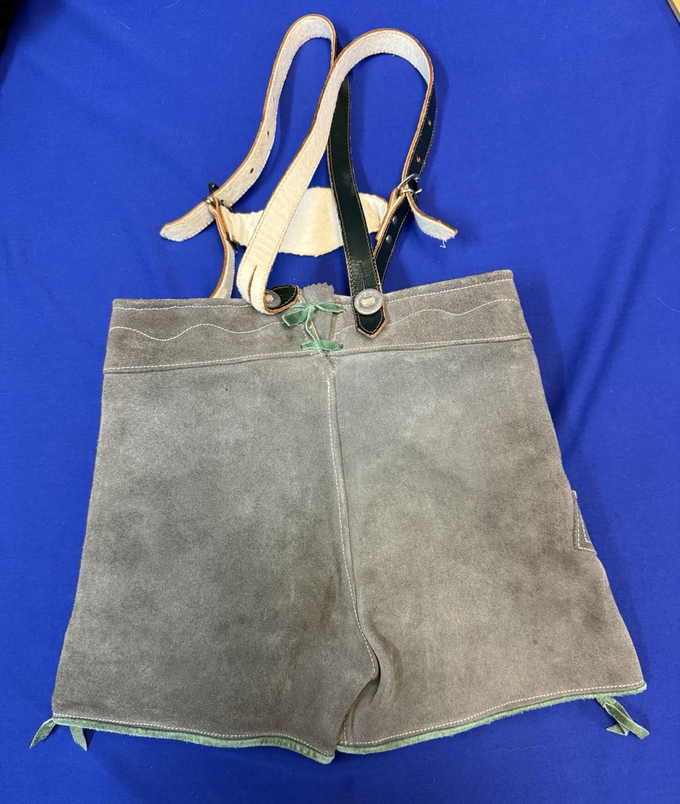 Vintage German Suede Lederhosen Shorts w/ Suspenders Green Trim Bavarian Alps