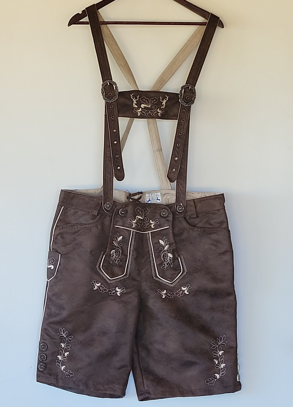 SMOG Men’s XL Brown Embroidered Lederhosen Bavarian Shorts Oktoberfest Munich