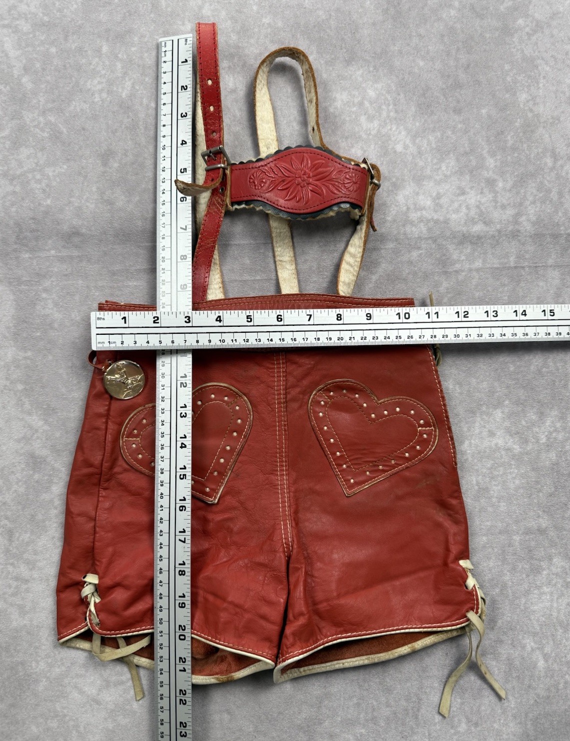 VTG German Red Leather Girls Lederhosen Ortlepp Heart Oktoberfest Bavarian