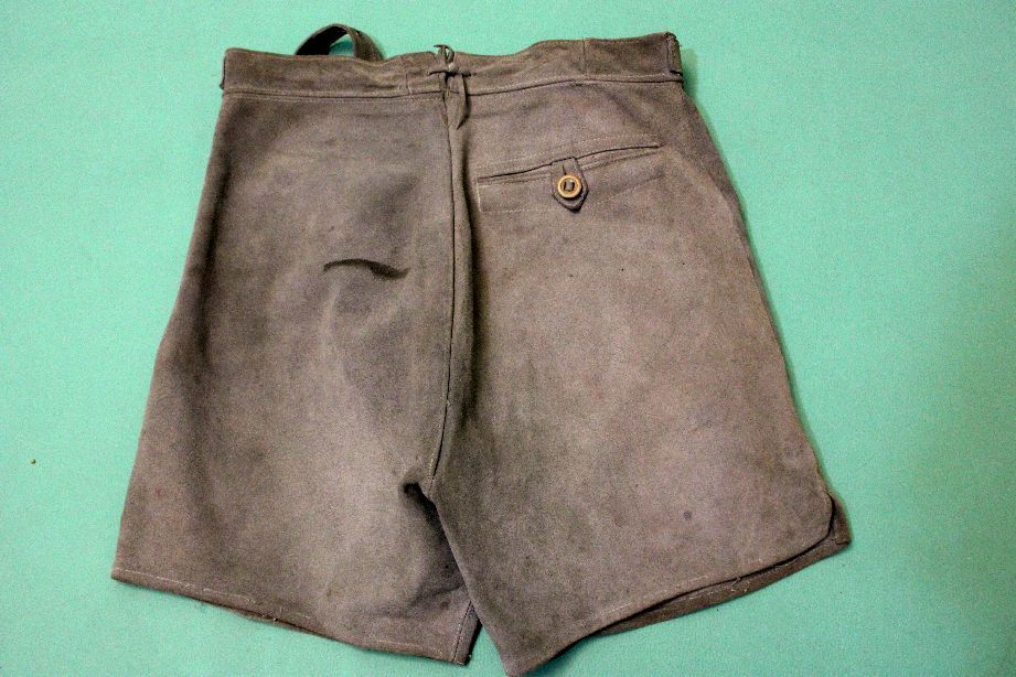 Traditional rough leather trousers short rustic approx 44 (w30) grey alpine festival