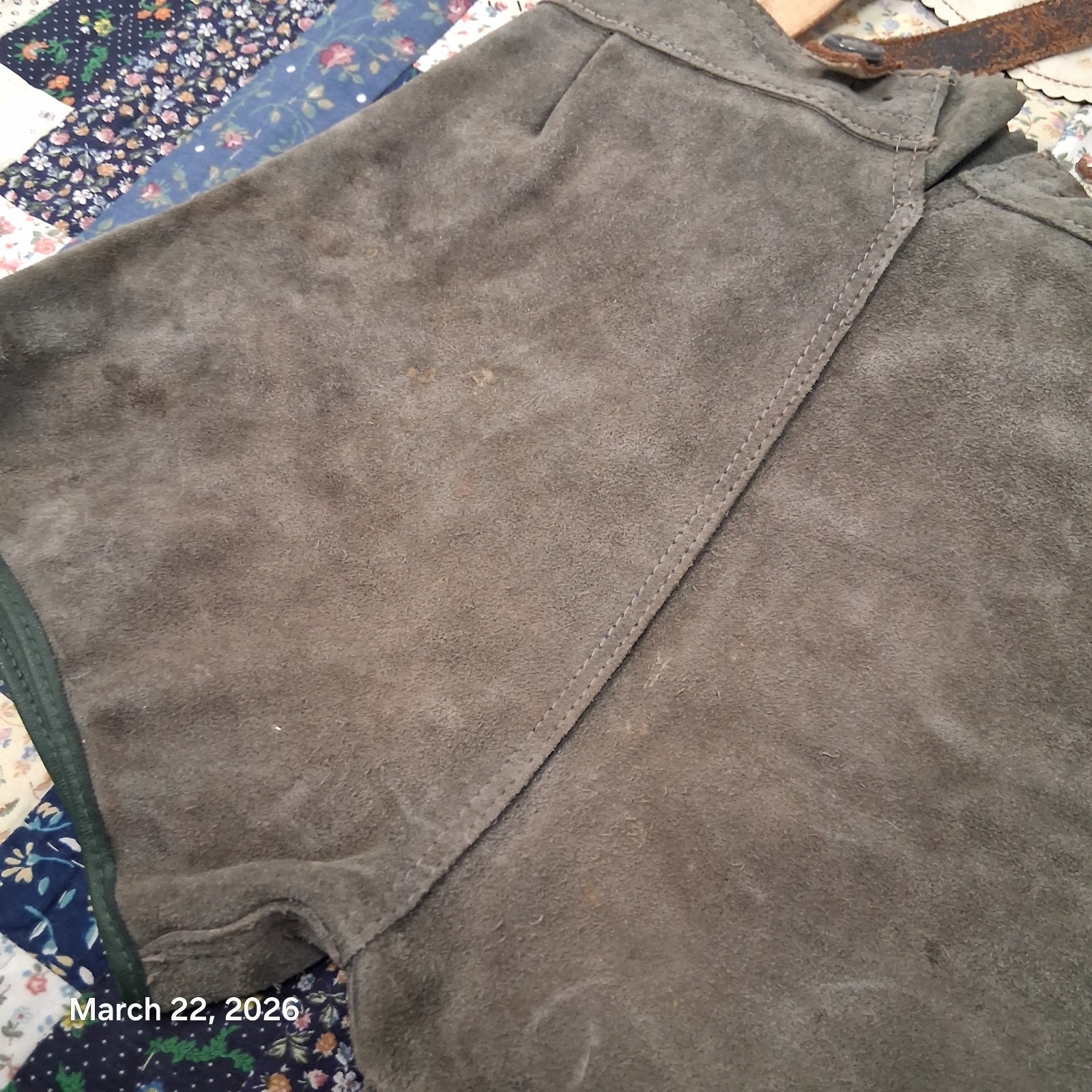 Vintage Childrens German Lederhosen Gray Suede Leather Grouse Breastplate