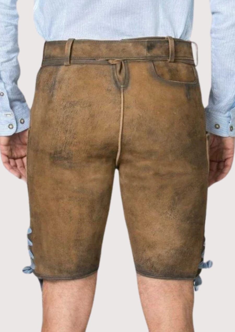 Genuine Leather German Lederhosen for Men Oktoberfest Outfit Short Length Brown
