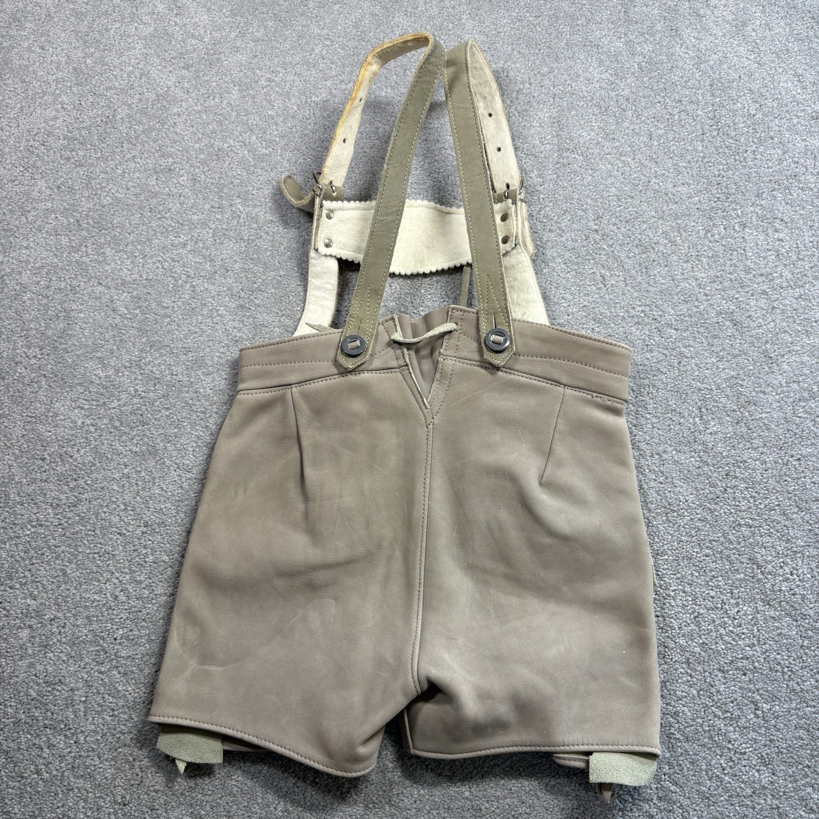 1960s German Lederhosen Leather Suede Overalls KIDS Size 6 Green Gray Embroidery
