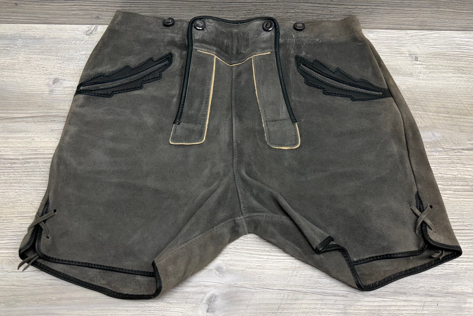 Vintage Lederhosen Mens Oktoberfest Suede Leather German Shorts Size 46 30 Gray