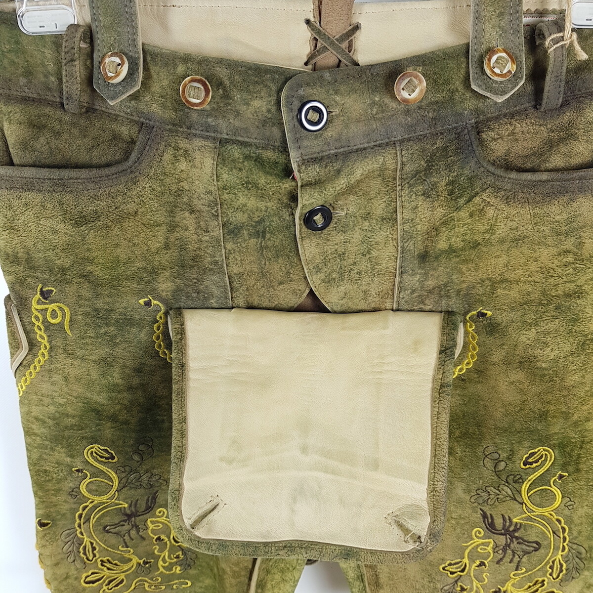 Stockerpoint Wildbock Leather Pants Henry Mens Sz 50 W36 Walnut Antique Yellow Embroidered