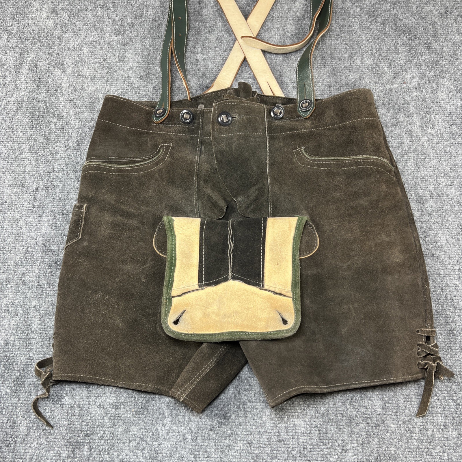 Vintage German Lederhosen Suede Leather Bavarian Shorts Bibs Oktoberfest Sz 30”