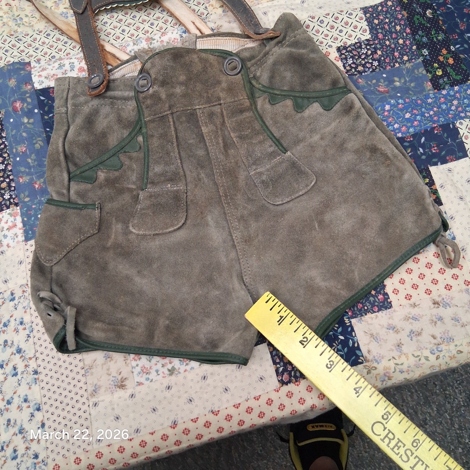 Vintage Childrens German Lederhosen Gray Suede Leather Grouse Breastplate