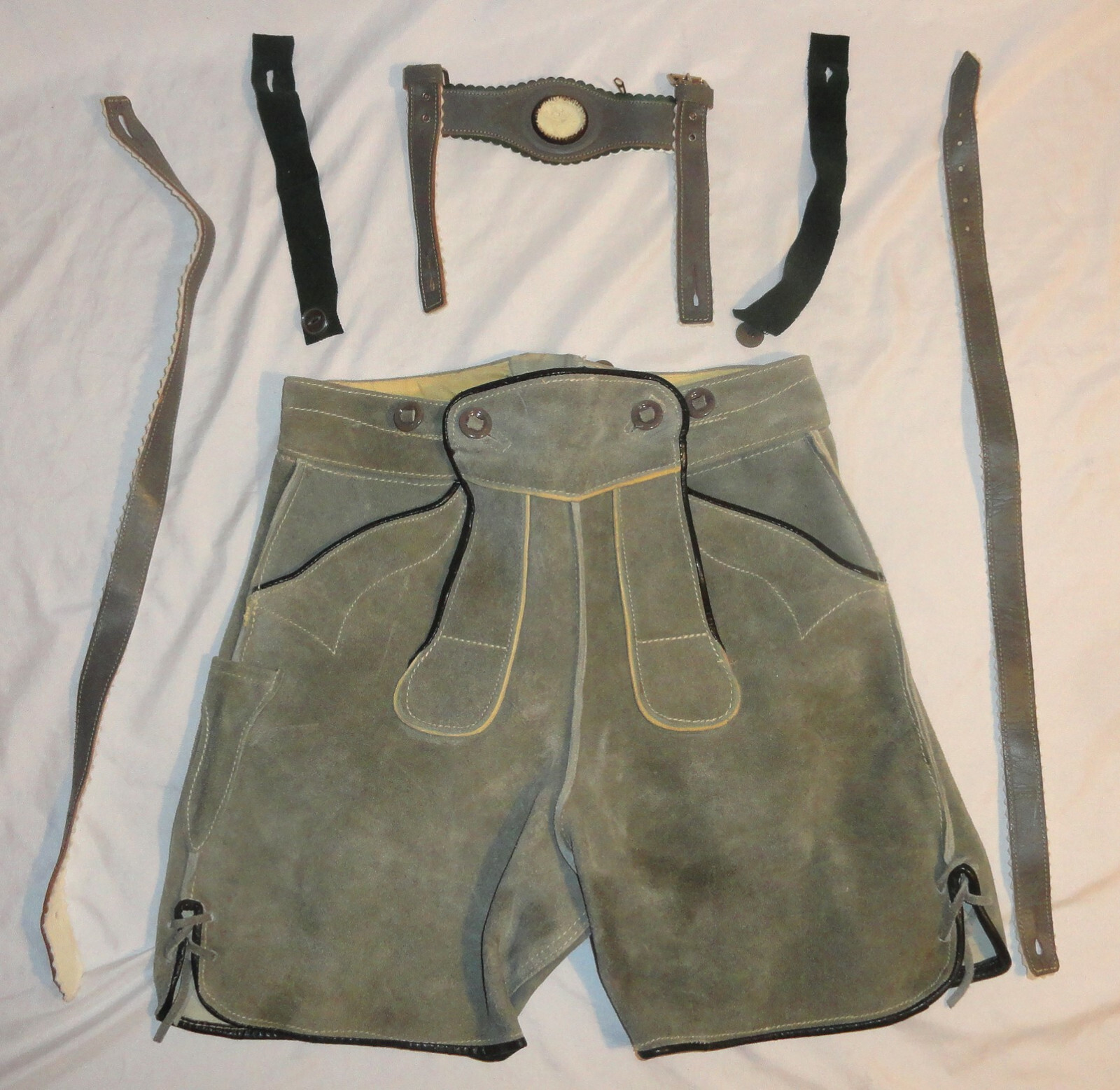 Vintage Raka German Size 12 Small Leather Suede Lederhosen Shorts & Suspenders