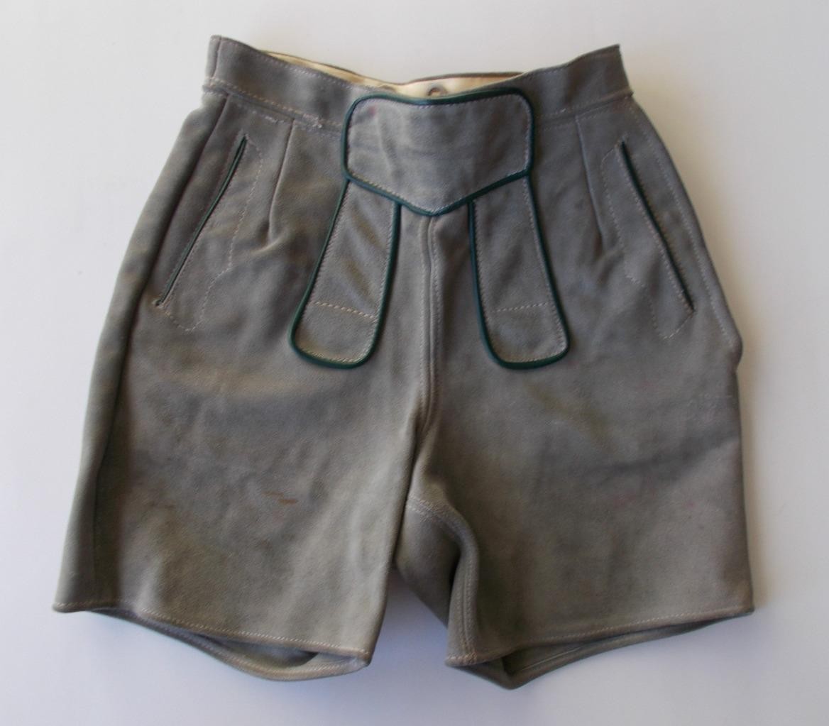 Vintage German Lederhosen Suede Leather SZ 12 Shorts Gray Green Trim Austria