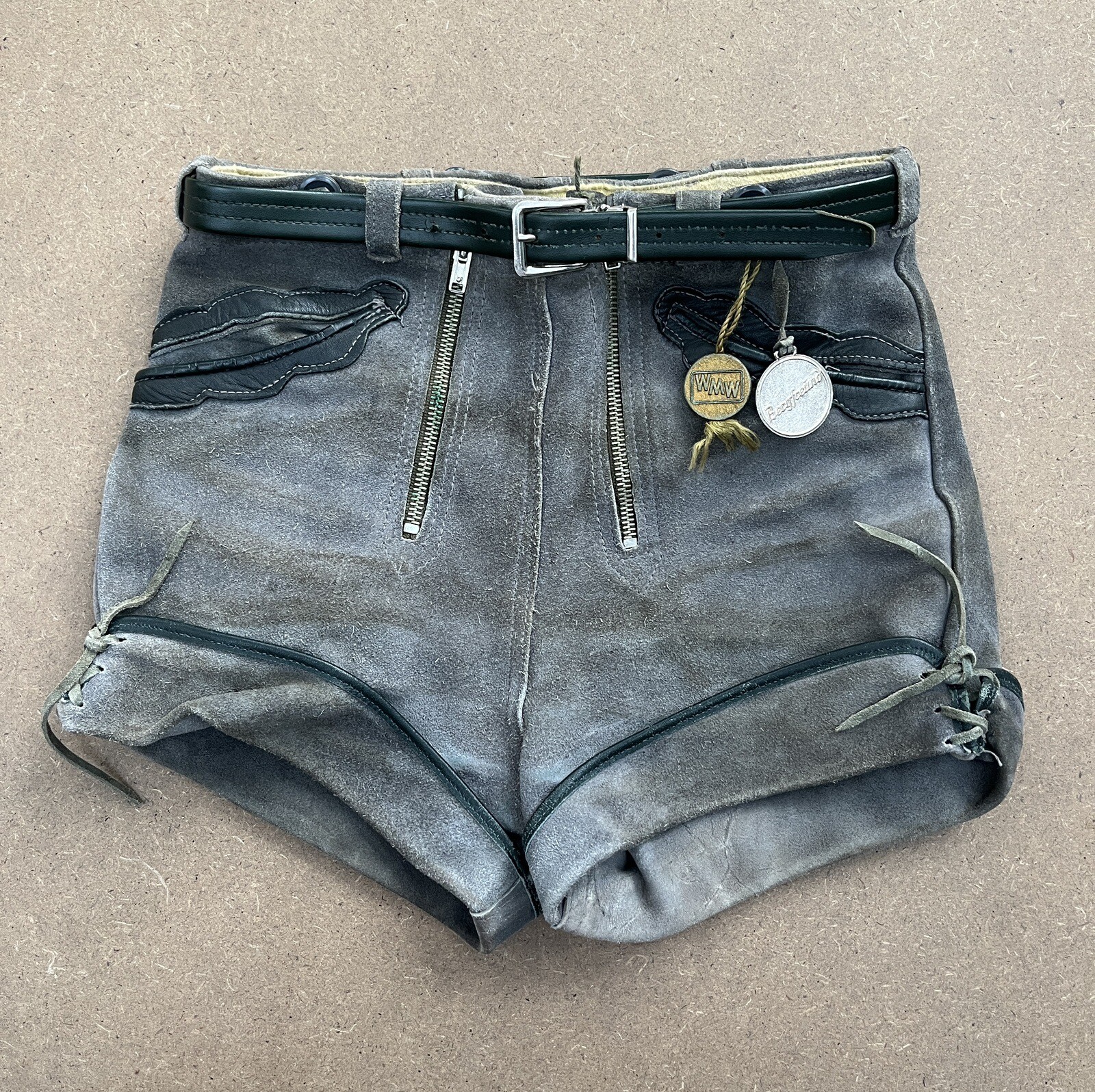 German Lederhosen Vintage Suede Leather Marke Bergfreund 24” Waist