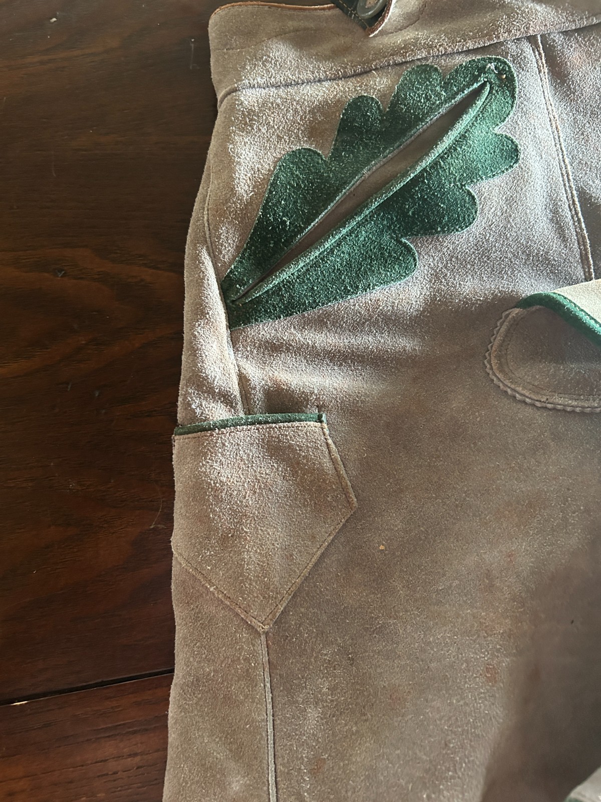 Vintage Leather Lederhosen Tooled Suspenders Carved Medallion 32 in Adult Waist