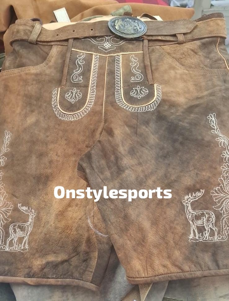 Oktoberfest Lederhosen Men Genuine Suede Leather Shorts Bavarian Costume