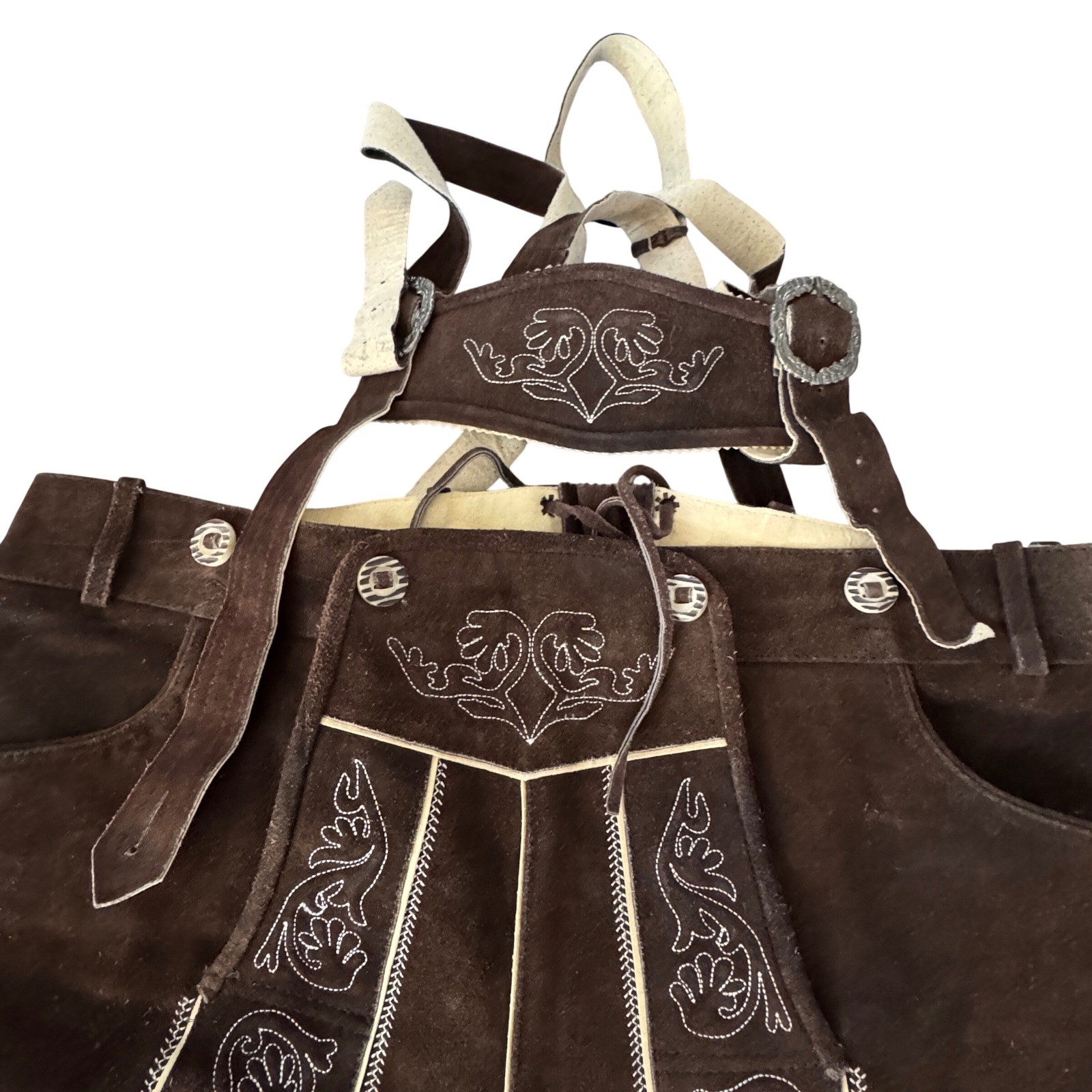 Brown Suede Lederhosen Bavarian German Oktoberfest Suspenders Embroidery 42″