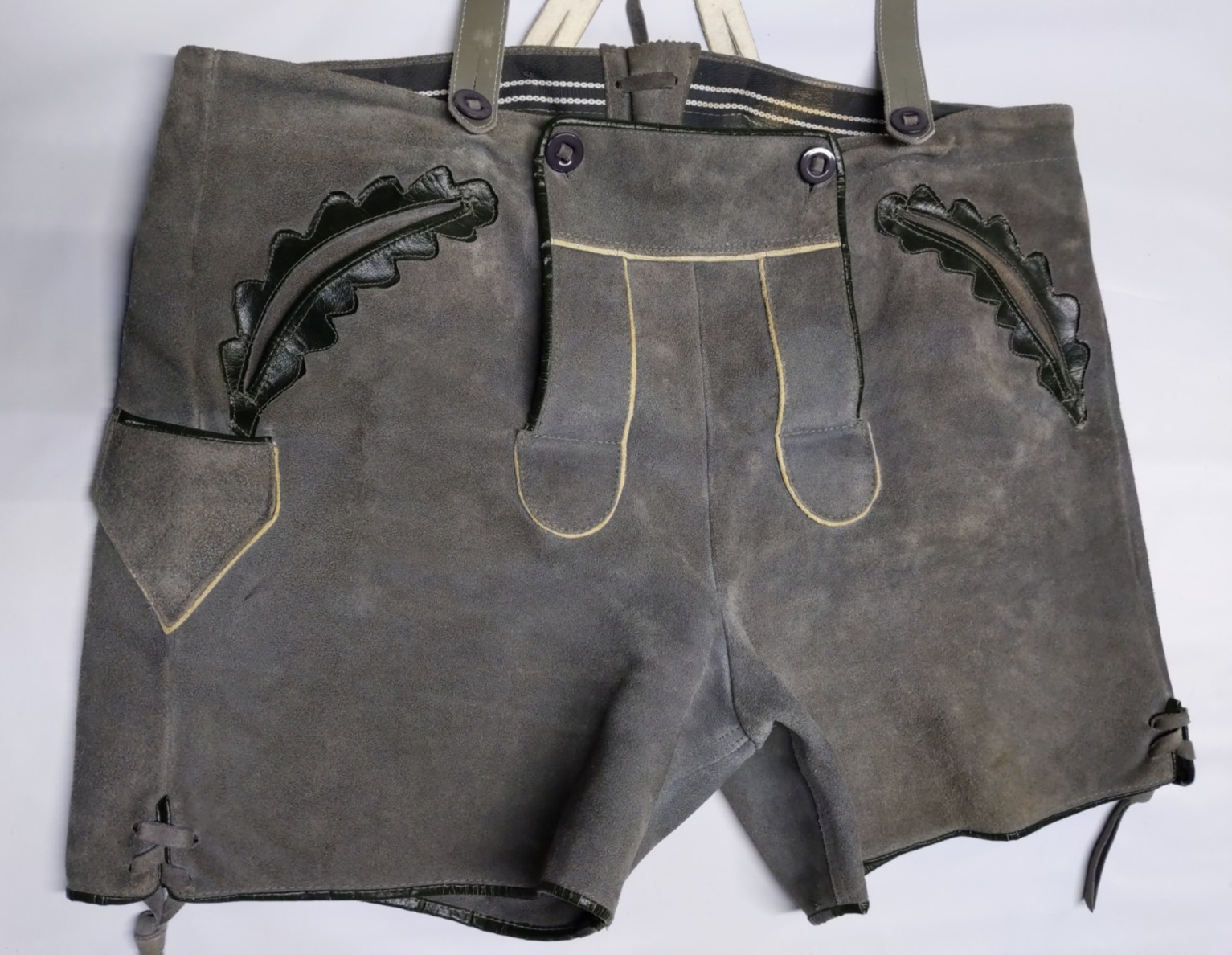 Mens Suede Lederhosen 40 Waist Bavarian Oktoberfest Costume Suspenders Gray