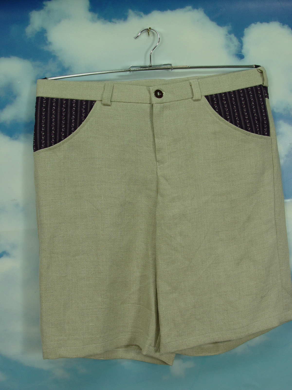 Upcycled men’s linen shorts with lilac pockets short pants UCS004 size 52