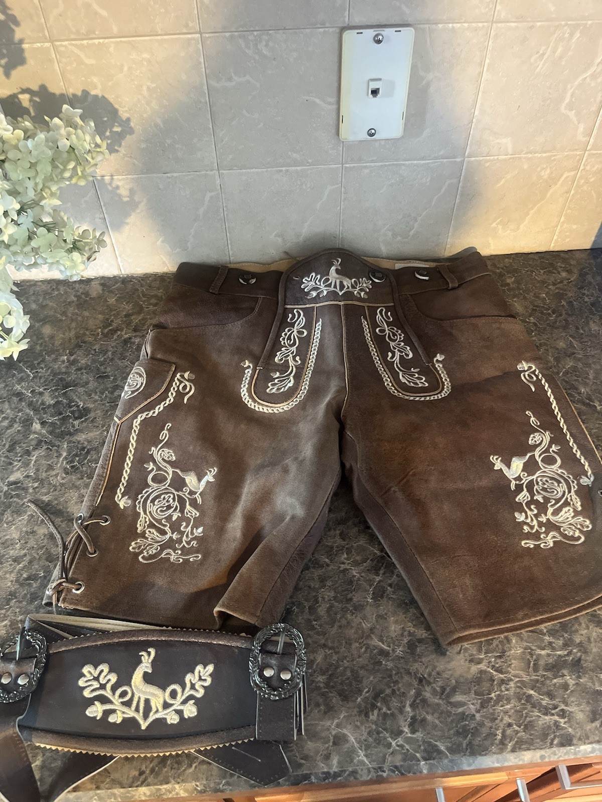 lederhosen men leather shorts With Belt Size 48 100% Genuine Leather