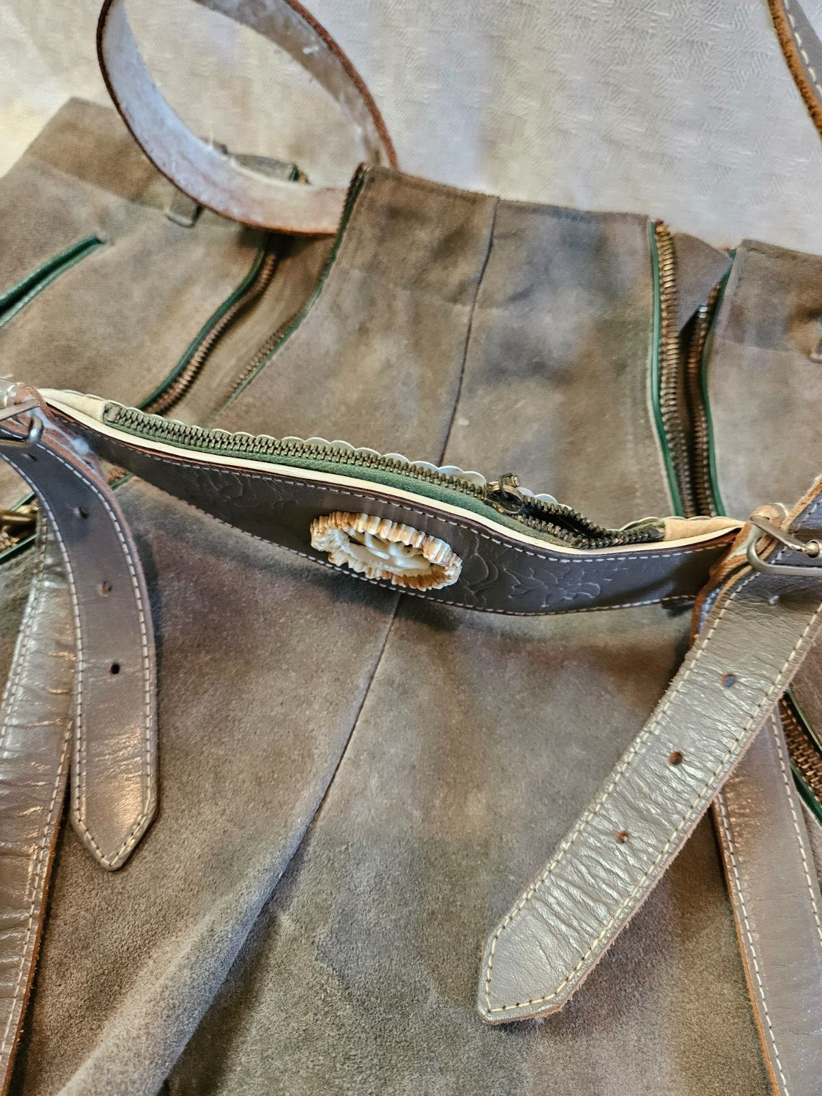 Vintage Lederhosen gray-brown color suede leather, green accent