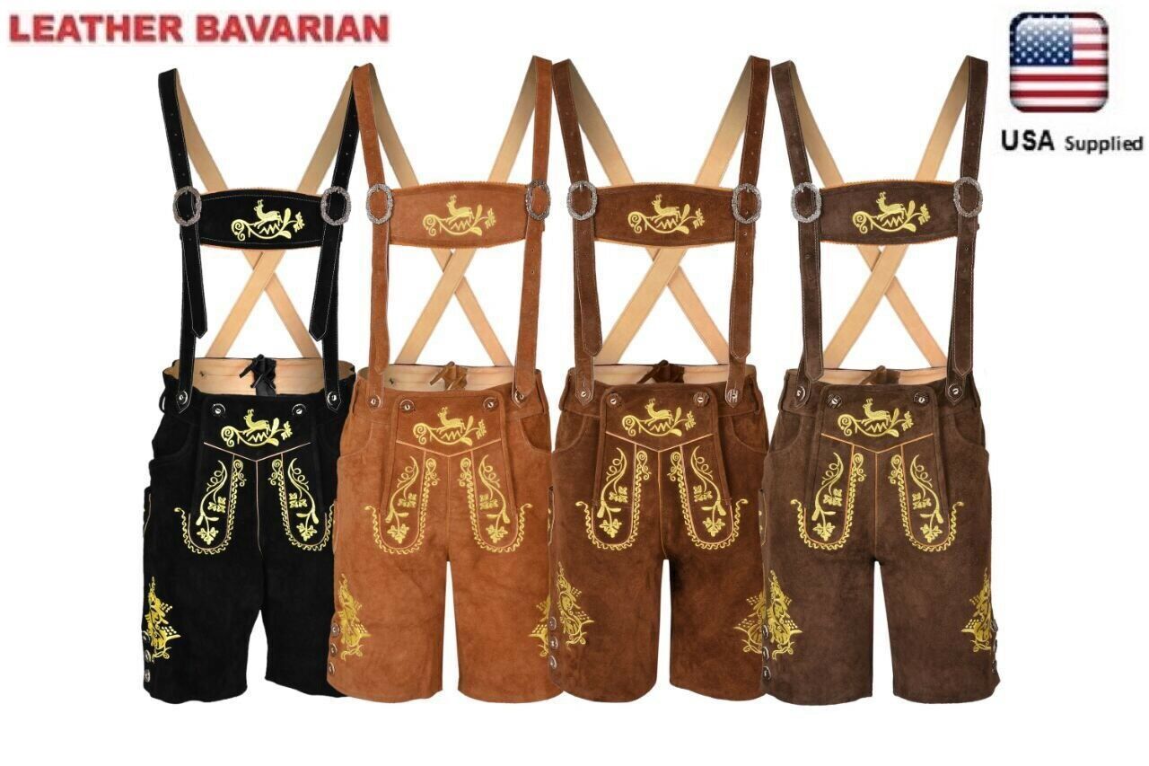 Men Bavarian Oktoberfest Lederhosen German Cowhide Real Leather Matching Short