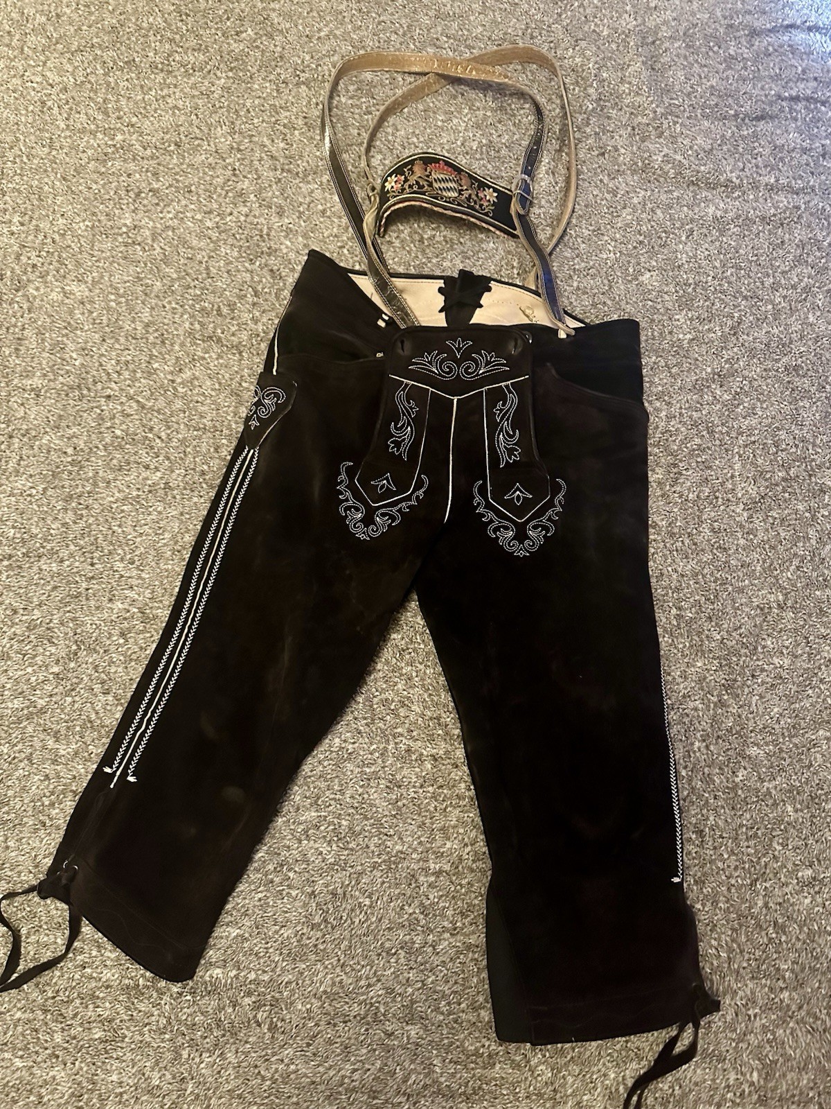 Beckert Modell Embroidered Suede Lederhosen Sz 36 Waist With Suspenders