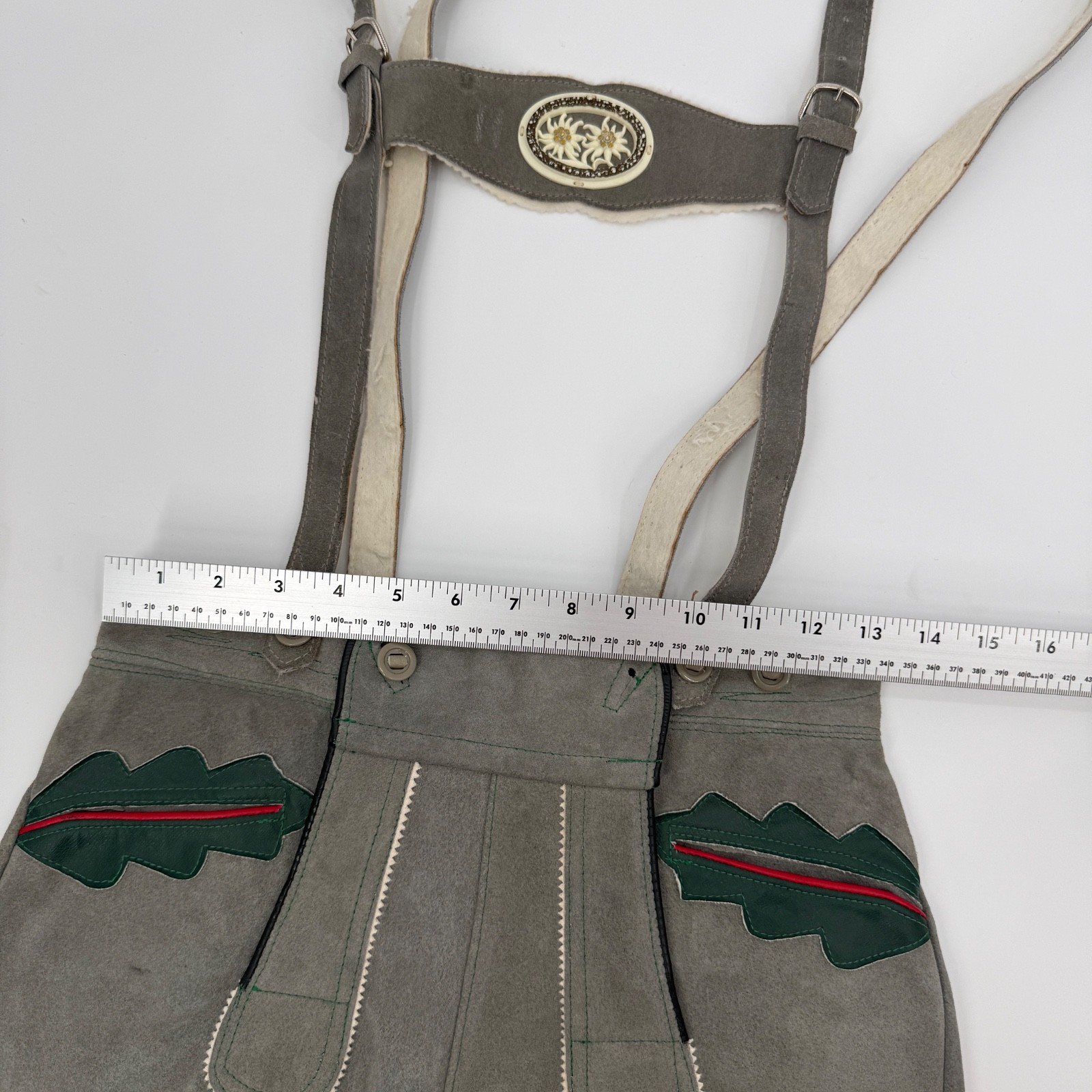 Vintage German Leather Lederhosen Shorts Suspenders Gray Suede Oktoberfest 36D